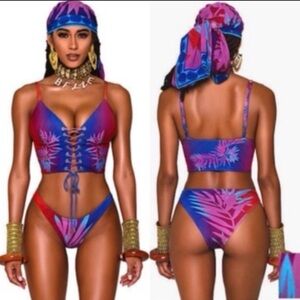 New! BFyne tropical floral lace up Red and Blue Bikini Set 3469